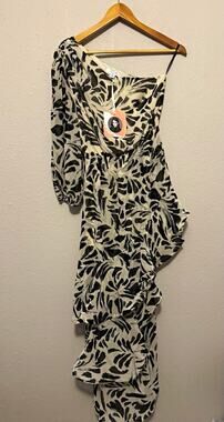 ALEXIS  target One Shoulder Abstract Print Ruffle Asymmetric Midi Dress XS